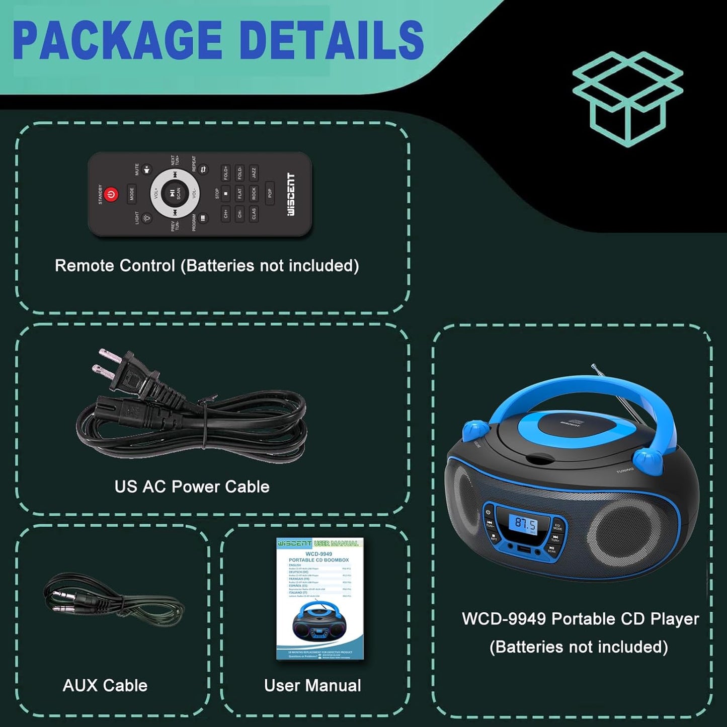 WIITHINK MP3 Jack,MP3 Portable Radio CD Player Boombox with Bluetooth,FM Radio,USB Playback,AUX-in,Headphone CDs