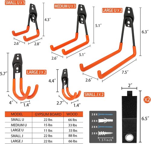 KOFANI Heavy Duty Steel Hooks - 16 Pack Anti-Slip Coating for Garage Storage | Hang Bikes, Ladders & Tools