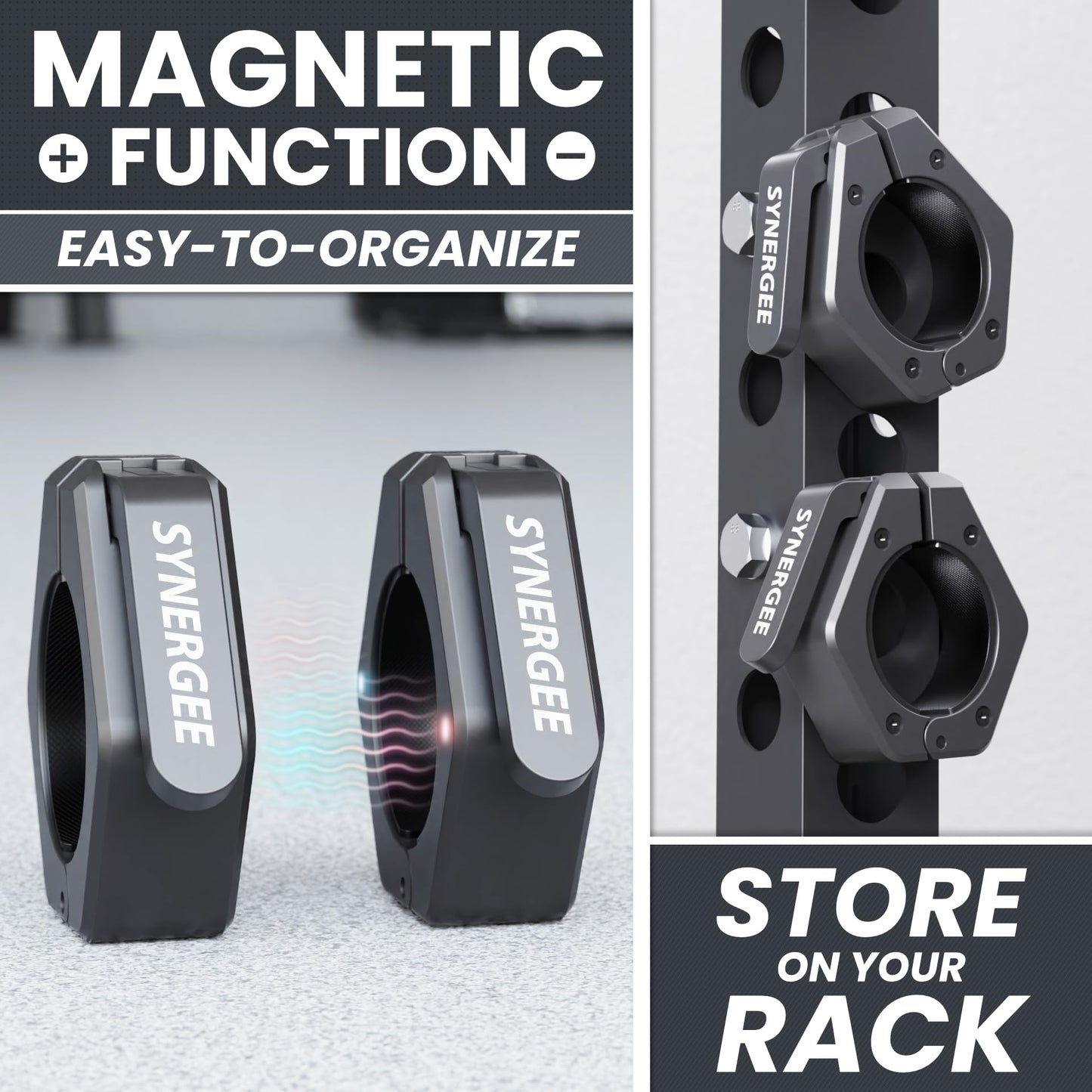 Synergee Black Magnetic Barbell Collars – Locking 2" Olympic Size Weight Clamps - Quick Release Collar Clips – Bar Clamps Great for Crossfit Olympic Lifts and Strength Training
