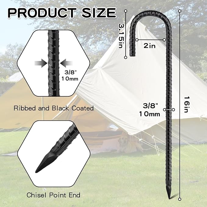 Black Rebar Stakes 16inx10mm Galvanized J Hook 8pcs – Heavy Duty Ground Tent Stakes for Fence,Bounce House,Outdoor Plants,Artificial Turf,Dog Coop,Metal Stakes for Christmas Decorations