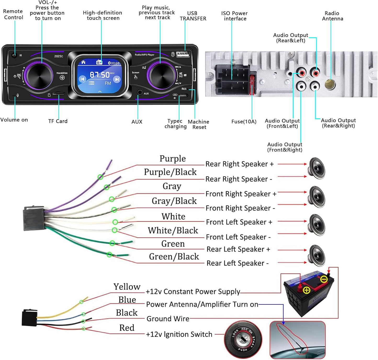 Dykucic MP3 7-Color Single Din Car Stereo with Touchscreen Bluetooth, Player Supports Steering Wheel Control, USB/SD/FM