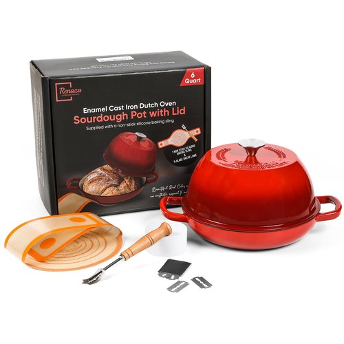 6 QT Enameled Cast Iron Dutch Oven - Sourdough for Bread Baking & Casseroles and more - 10 inch base, includes 5 Blade Bread Lame & Non-Stick Silicone Sling - Oven Safe to 500°F Bread Loaf Pan with Lid - Sourdough Bread Oven - Cast Iron Enamel Bread Loaf