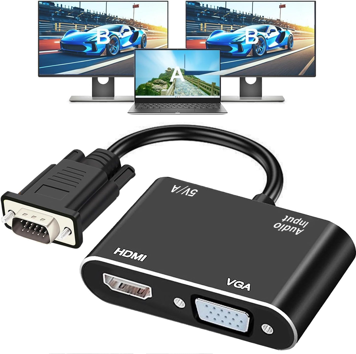 AKWOR 2 1,1080P@60HZ VGA to HDMI+VGA Adapter for Dual Monitors, VGA to HDMI Adapter Splitter in Full HD Display Video