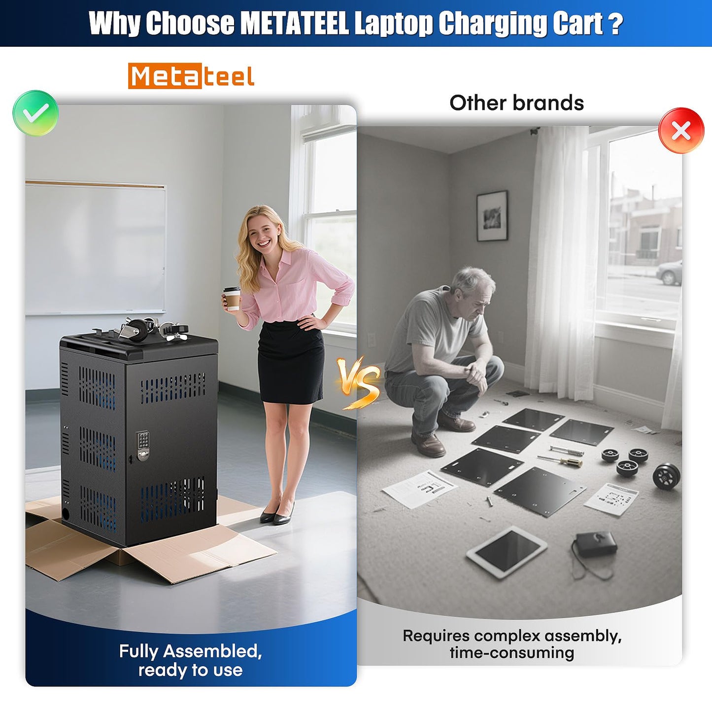 Metateel Fully Assembled 30 Device Charging Cart for iPad, Chromebook and Laptop Computer with Keypad Lock,Up to 14-in Screen Size,Surge Protection,Front & Back Access Locking Cabinet