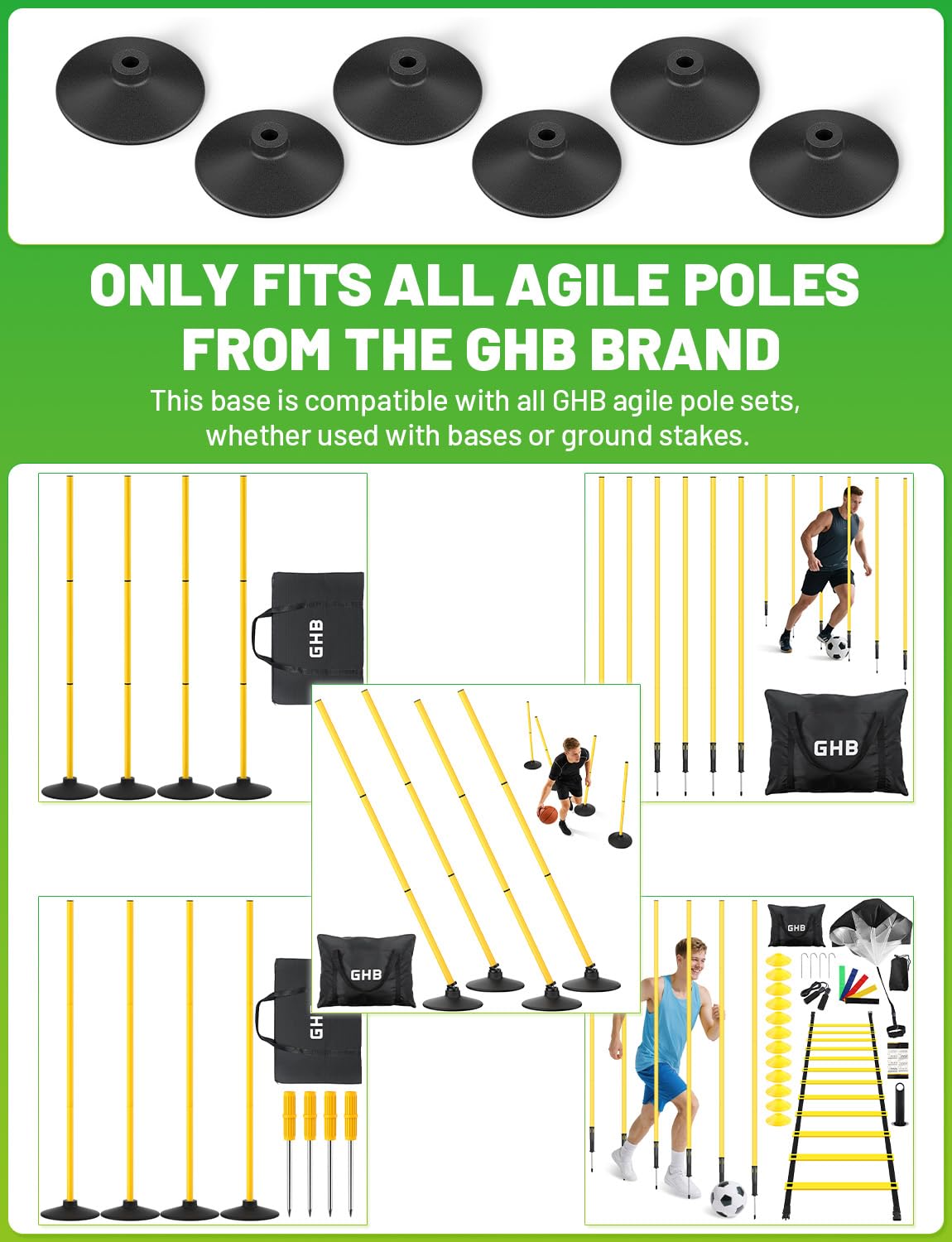 GHB Rubber Base 6 Pack Compatible Agility Poles Sports Soccer Training Extention,Detachable Speed Training Equipment Football Accessories