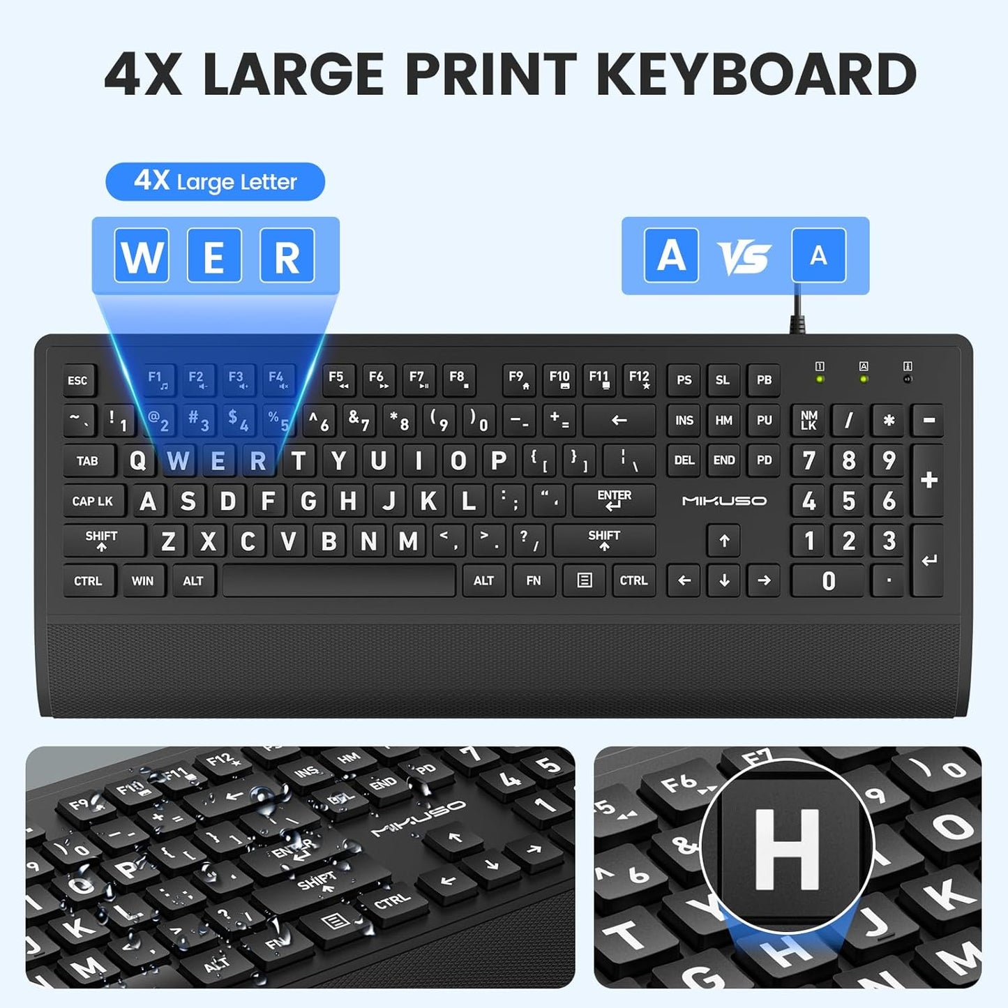 MIKUSO Cover,104 Large Print Keyboard for Seniors,Big Key Low Vision Keyboard with Wrist Rest & Included Dust Key