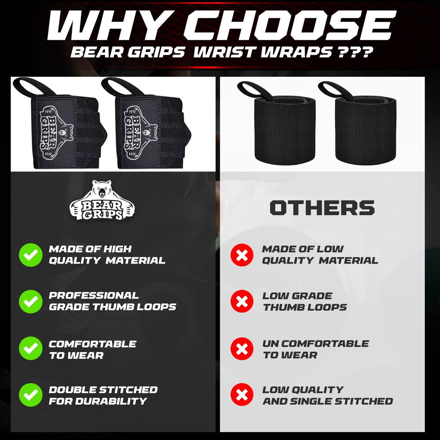 Bear Grips Wrist Wraps for Weightlifting | Weight Lifting Wrist Straps for Weightlifting | Extra Strength Gym Wrist Wraps | Two Wrist Wrap Per Pack | 12” & 18” | Lifting for Men & Women