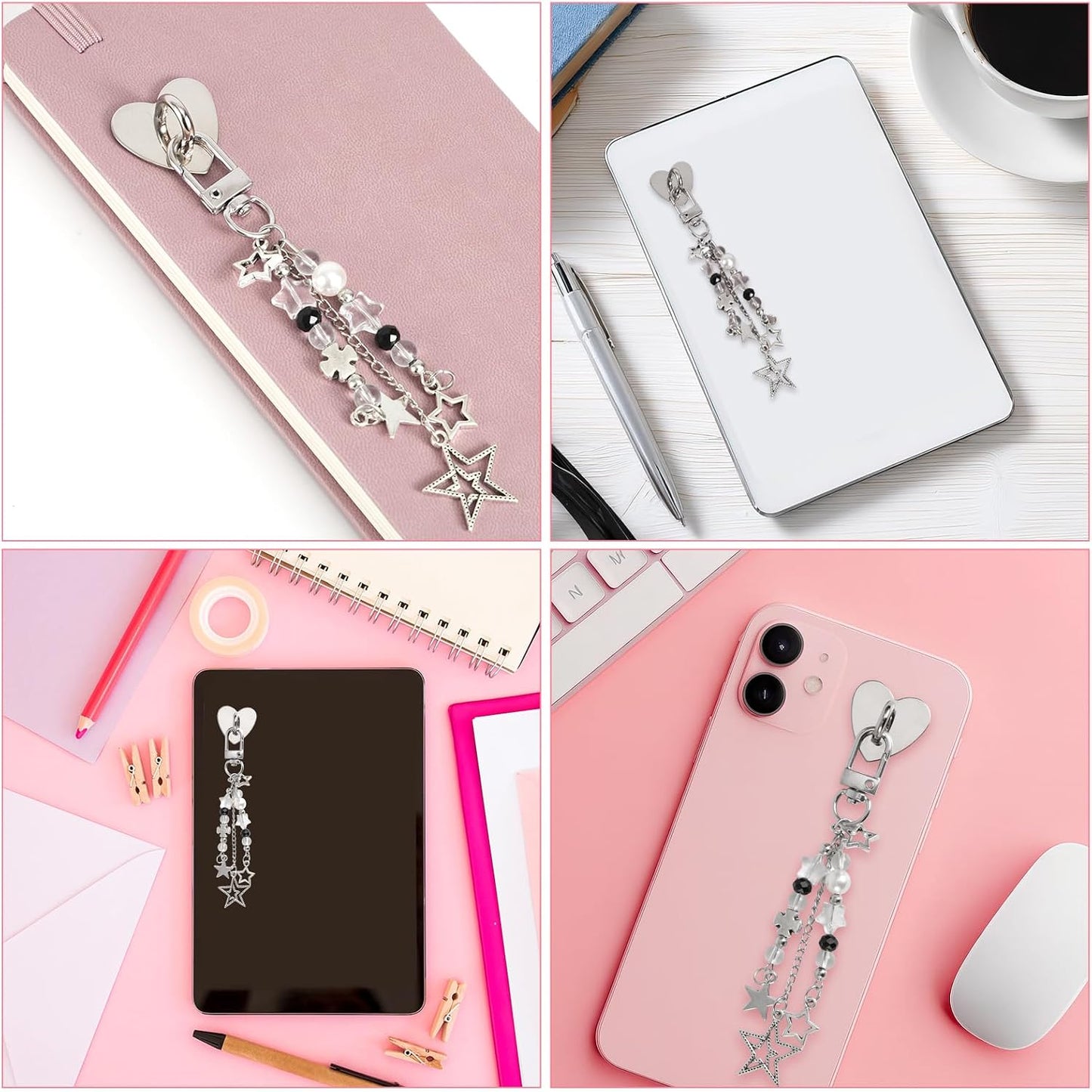 Sinbana Cute Charm Chain for Kindle, Star Pearl Keychain Strap Charm with Hook Decorative E-Reader Key Chain Decorating