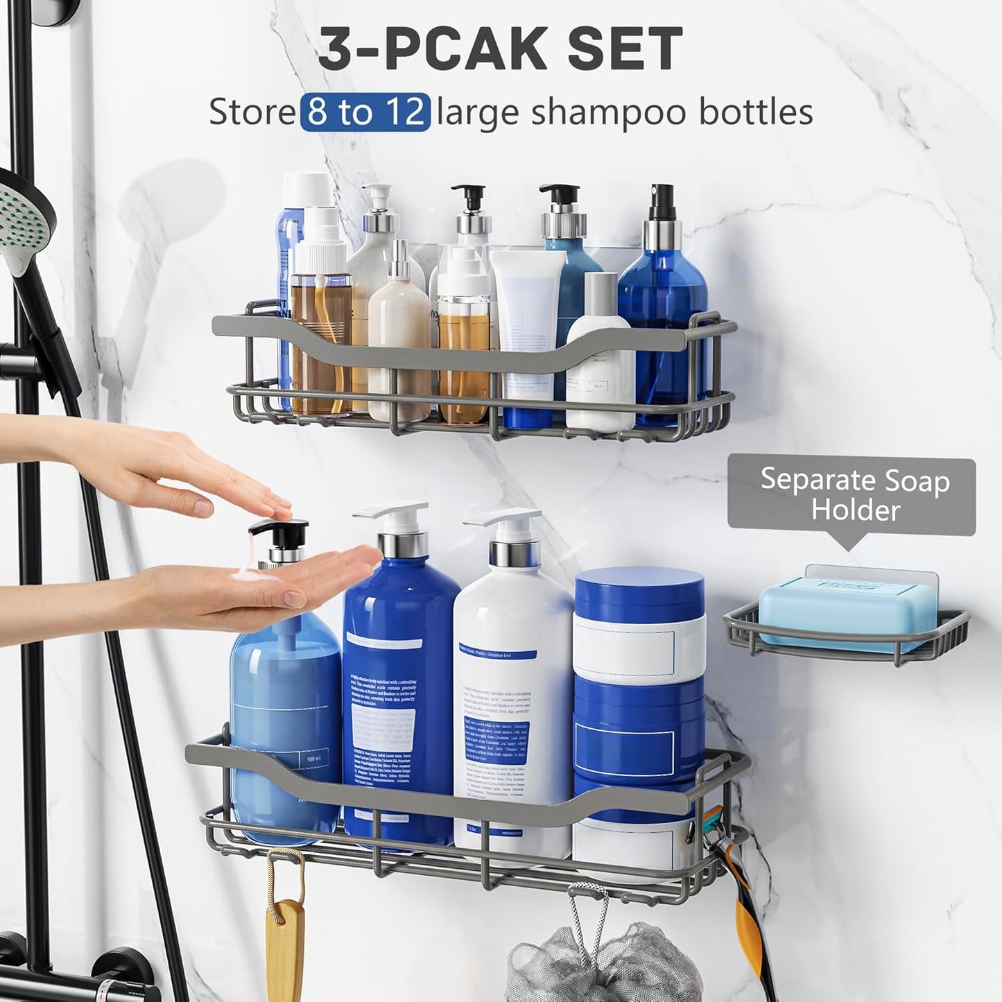 OMAIRA 3-Pack Shower Caddy with Soap Holder, Adhesive Rustproof No-drill Strudy Loading Inside Shower Organizer Shelves Rack Storage Bathroom Organization for Smooth Wall Glass Tile, Grey (X-Large)