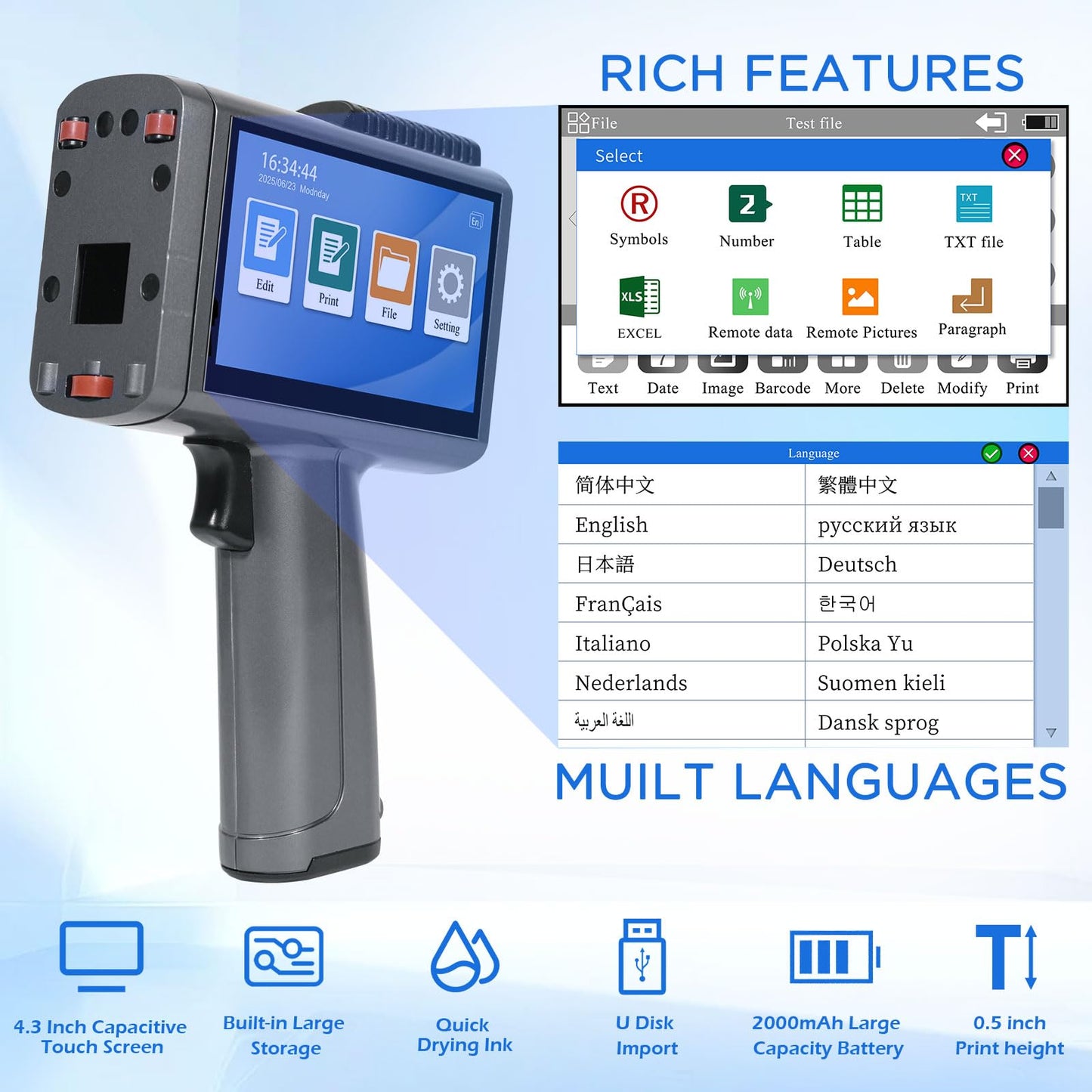 ZHONGMIN Handheld Inkjet Printer with 42ml Quick-Drying Ink Cartridge for Text/Date/Barcode/Logo, Metal Body, 4.3" Touch Screen, Print Height 0.08"-0.5", Portable Industrial Coding Machine ZM-C120L