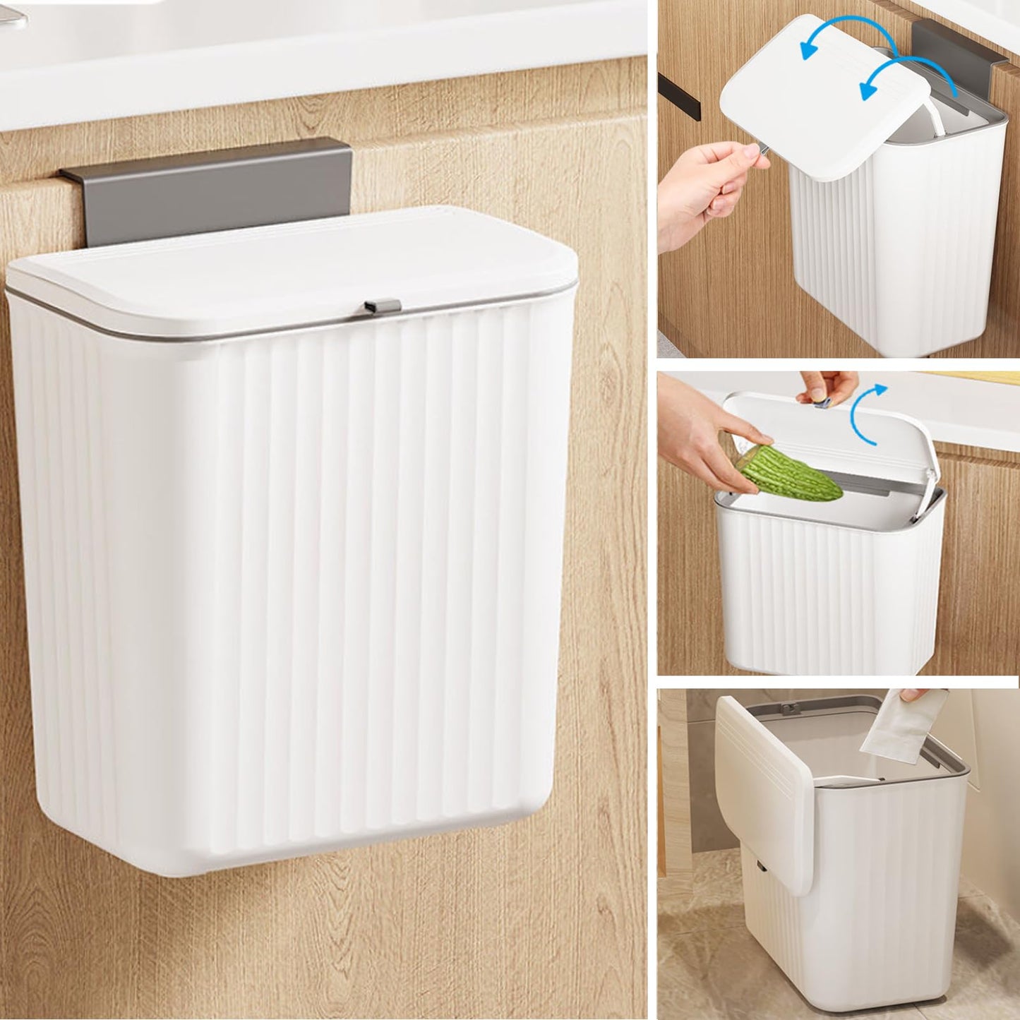 Ryhiac 2.4 Gallon Kitchen Compost Bin for Counter Top or Under Sink, Hanging Small Kitchen Trash Can with Lid, Wall Mounted Waste Basket Bin Garbage Can for Bathroom (White)