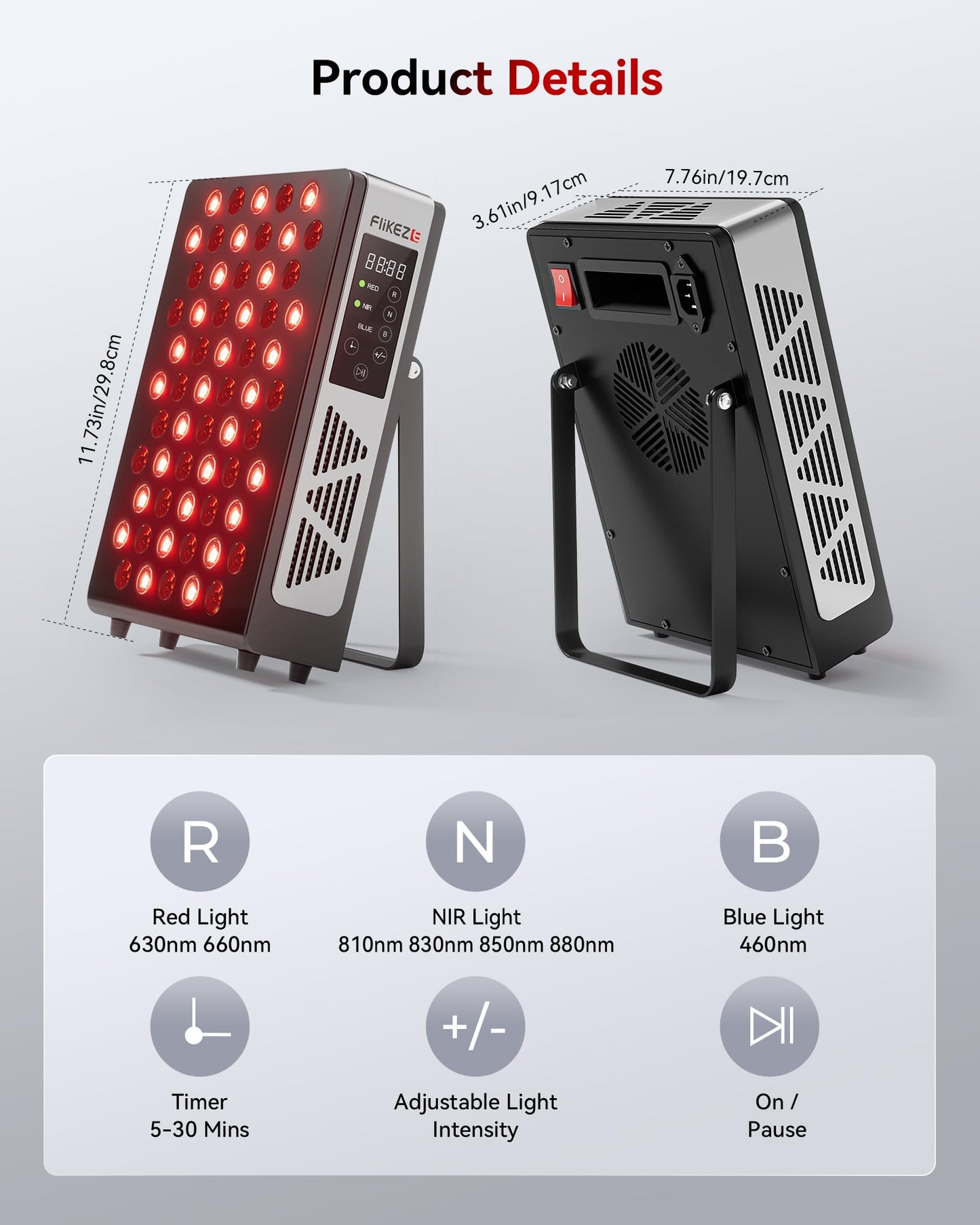 FLIKEZE Red Light Therapy for Body Face, 3+4 Chips 7 Wavements 460nm-880nm Red Light Panel with 4 Modes, Dimmable & Timer, Blue Lights Infrared Light Therapy for Home Office Gym, Elite 60 LEDs