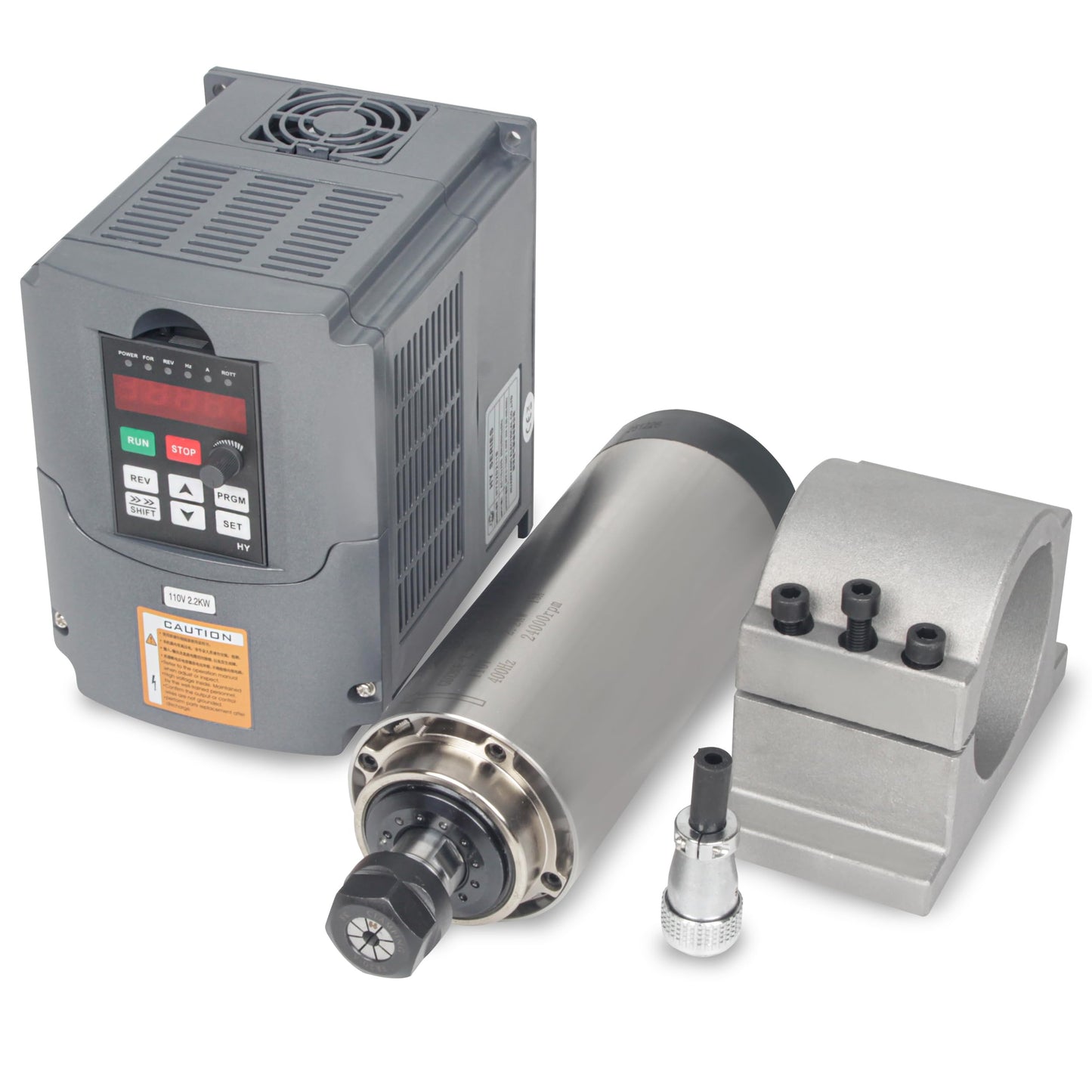 RATTMMOTOR Spindle and VFD Kit, 2.2KW 220V Air Cooled Spindle Motor ER20 24000RPM+2.2KW 220V VFD Inverter Single to 3 Phase Variable Frequency Drive+80mm Spindle Motor Clamp for CNC Router Machine