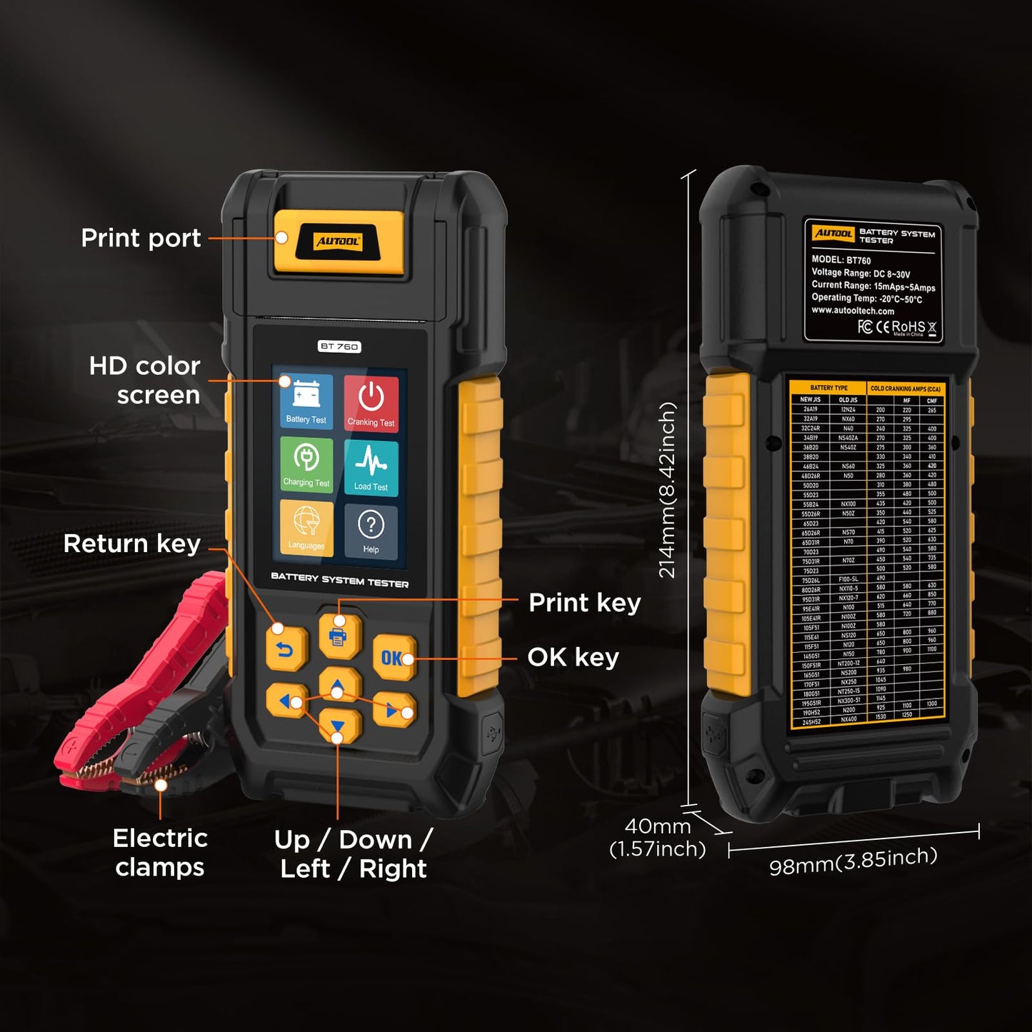 AUTOOL BT760 Automotive Battery Tester with Thermal Printer – 12V/24V Car & Motorcycle Battery Checker, Cranking & Charging Test, Reverse Polarity Protection, HD Color Display