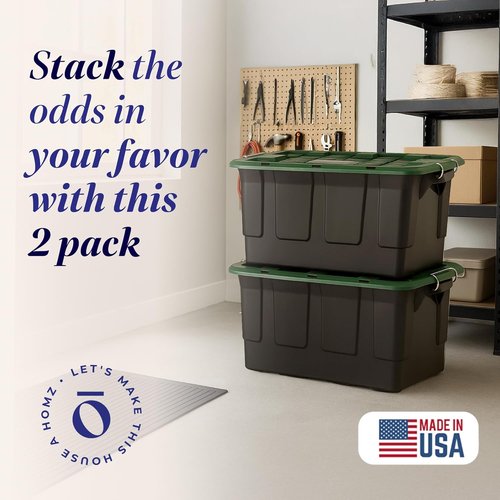 HOMZ 30-Gallon Plastic Stackable Storage Bins - Latching Lid & Handles for Home Organization | Black/Green 2-Pack