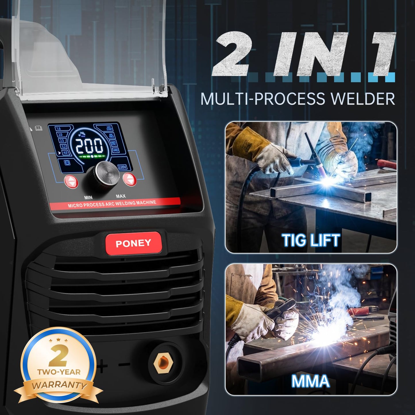 PONEY Stick Welder, 200V 110V/220V MMA/Lift TIG 2 in 1 Welding Machine, Digital Display, Hot Start, Arc Force, VRD, IGBT Inverter Welder with Pure Copper Coil (IARC-200SKN)