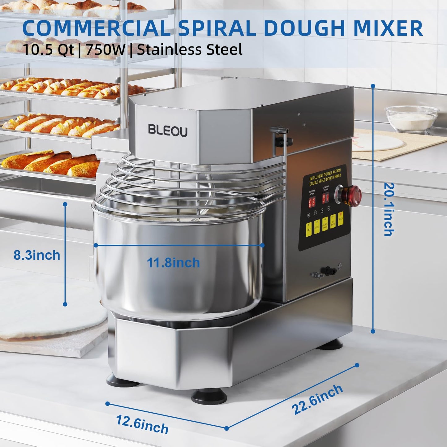 BLEOU Commercial Dough Mixer 10.5 Qt – 750W Spiral Dual Speed & Dual Action Mixer with Timer, Food-Grade Stainless Bowl & Safety Shield – Industrial Kitchen Mixer for Bakery, Pizzeria & Restaurant