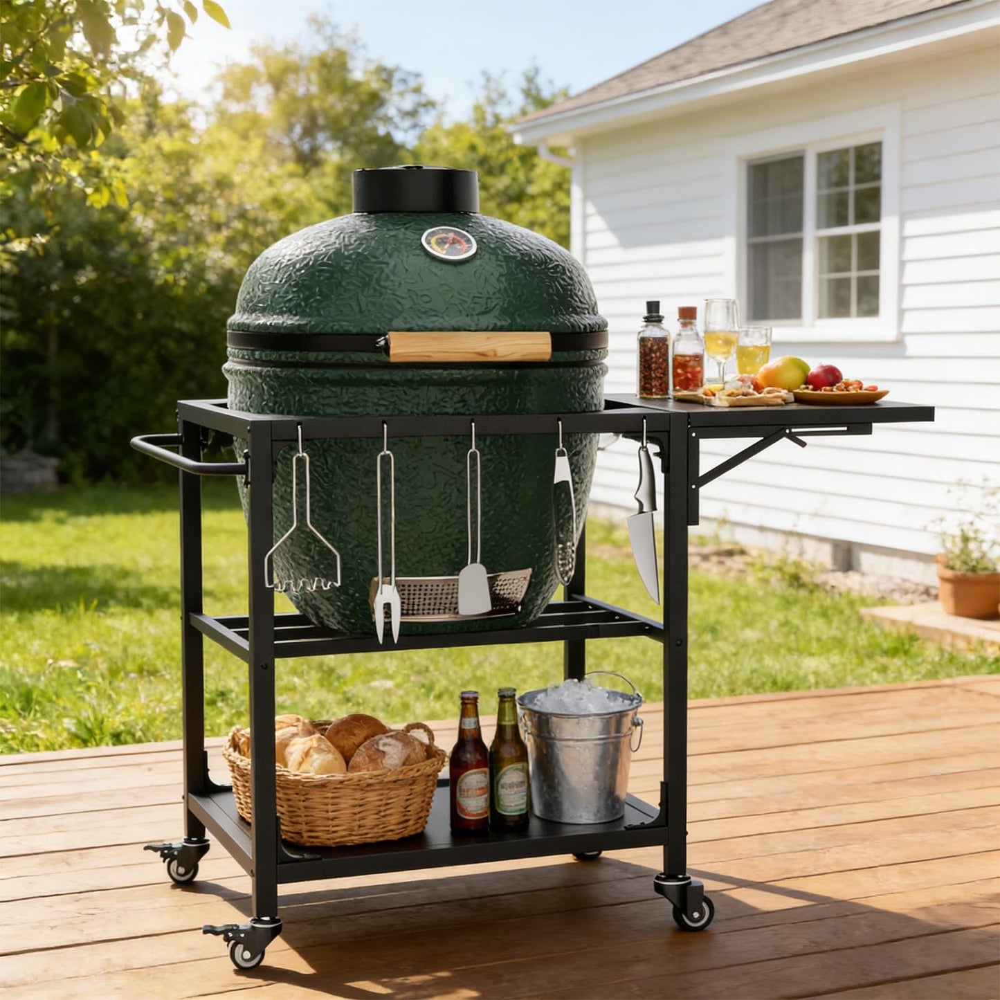 Outdoor Grill Table for Big Green Egg, Heavy Duty Metal Cart Prep Table with Wheels, Folding Panels, Storage Shelf, Hooks, Removable Central Cover, Compatible with Large Big Green Egg, Kamado Joe Jr