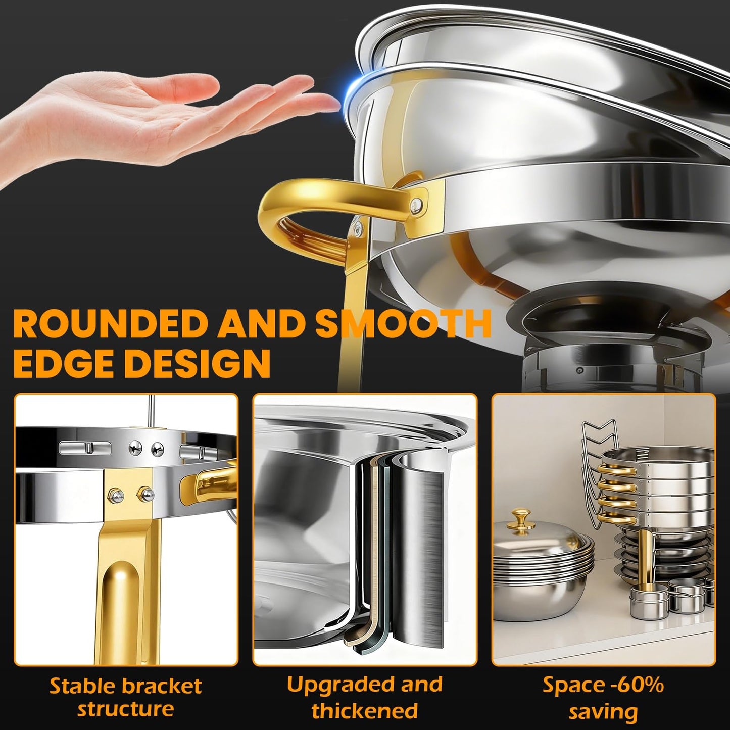 ALSO GO Round Chafing Dishes for Buffet with 4 Serving Tongs, 4 Pack 6QT Chafing Dishes Buffet Set, Golden Stainless Steel Catering Food Warmer for for Party, Gathering,Wedding