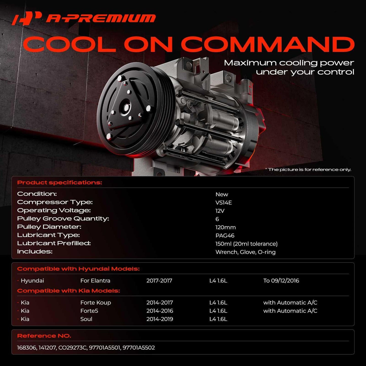 A-Premium Air Conditioner AC Compressor with Clutch Compatible with Kia Soul 2014-2019, Forte5 2014-2016, Forte Koup 2014-2017 & Hyundai Elantra 2017, only fit 1.6L engine