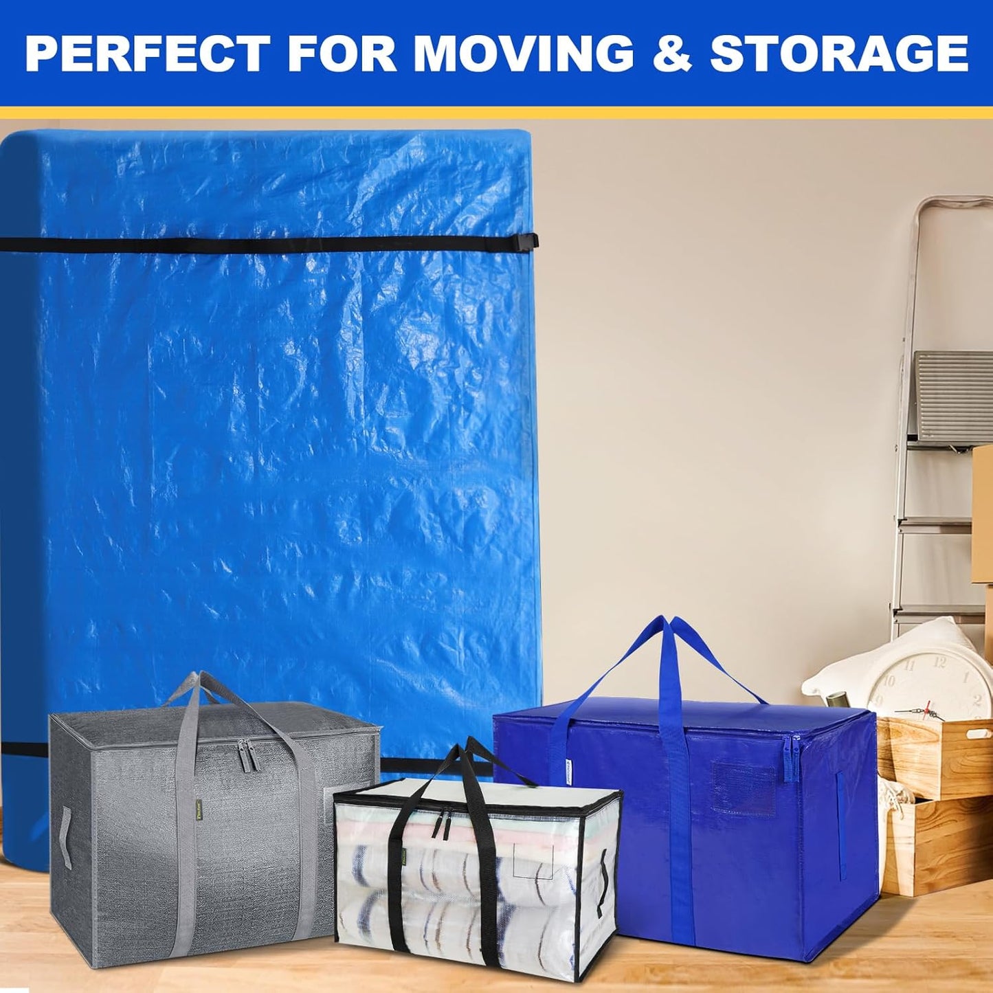 TICONN King Mattress Bag - Heavy Duty Storage Cover with Full-Around Handle & Adjustable Buckles | Blue