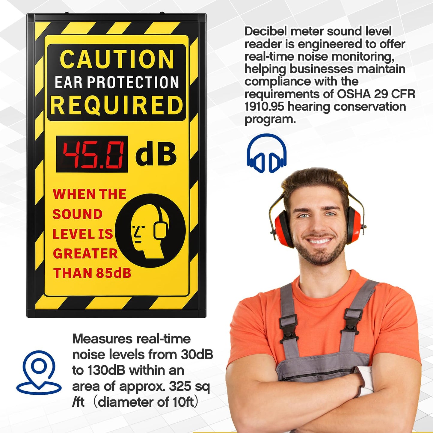 Relaxweex 12" x 20" Sound Decibel Meter Digital Sign, OSHA Caution Header " Ear Protection Required" Sign, Wall Mount, Digital Real-time Aluminum Db Meter