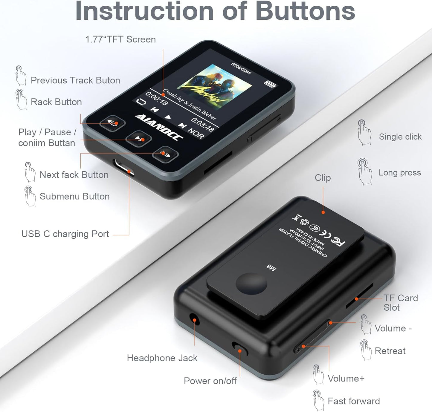 Aiandcc Mp3 5.3, 1.77-inch 32GB mp3 Player with Bluetooth HiFi Music Player with Sports Clip and Armband, TFT Color