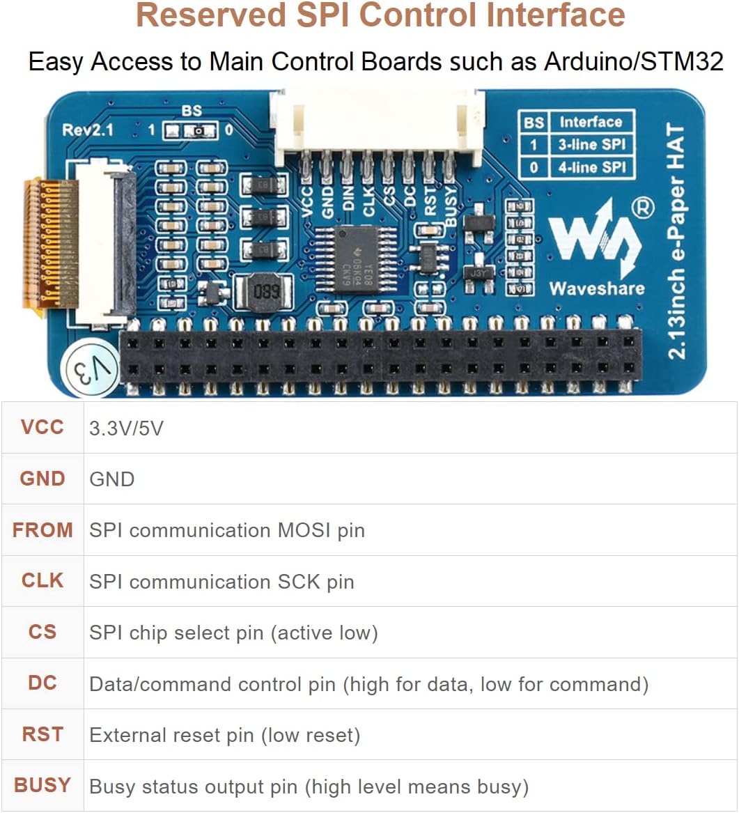 waveshare 2.13inch V4 250x122 3.3V/5V WH/2B/3B/3B+/4B, E-Ink Display HAT Version, Resolution Black White Two-Color