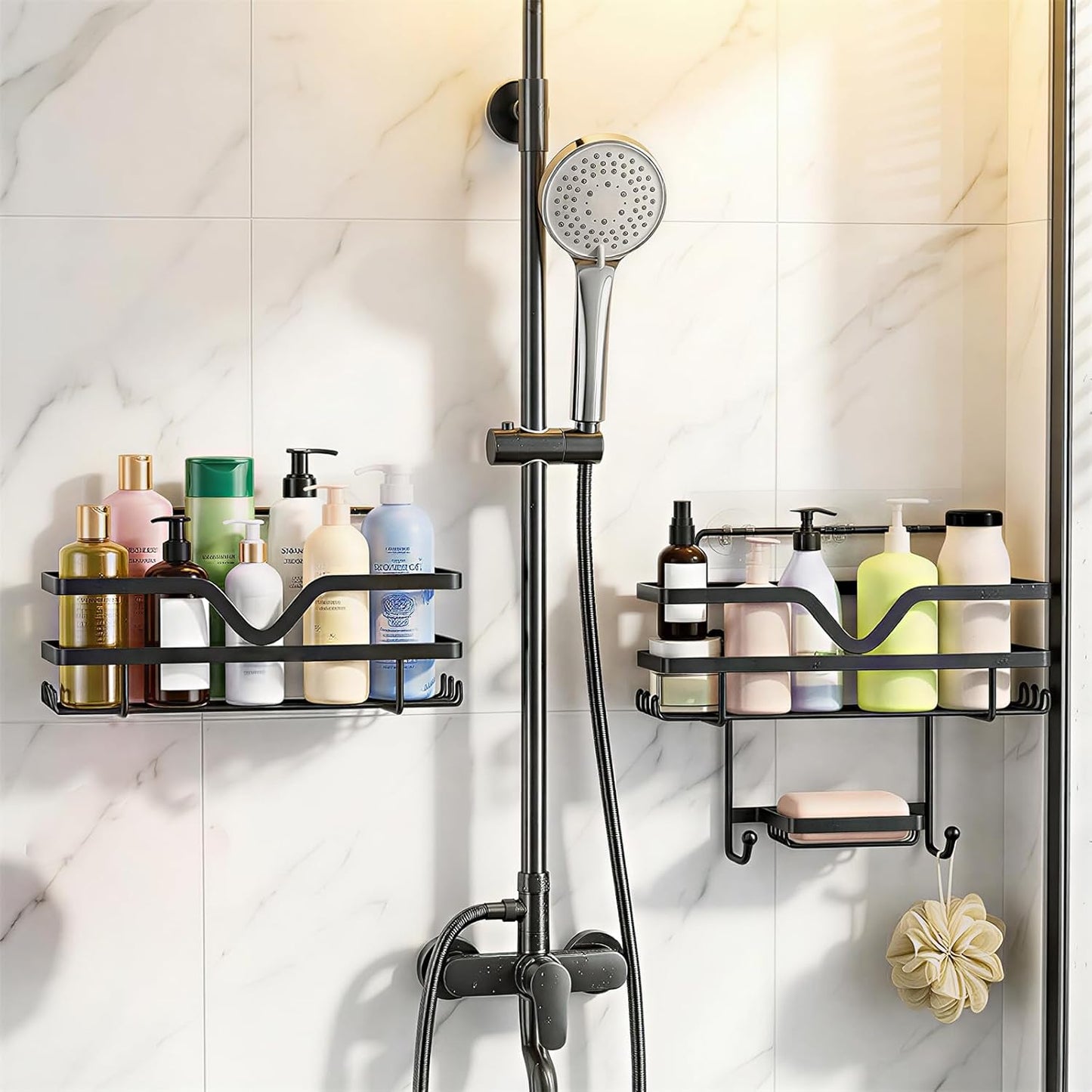 Regine Switzerland Shower Caddy 3 Pack - Rustproof No Drill Organizer with Soap Dish & Hooks | Black