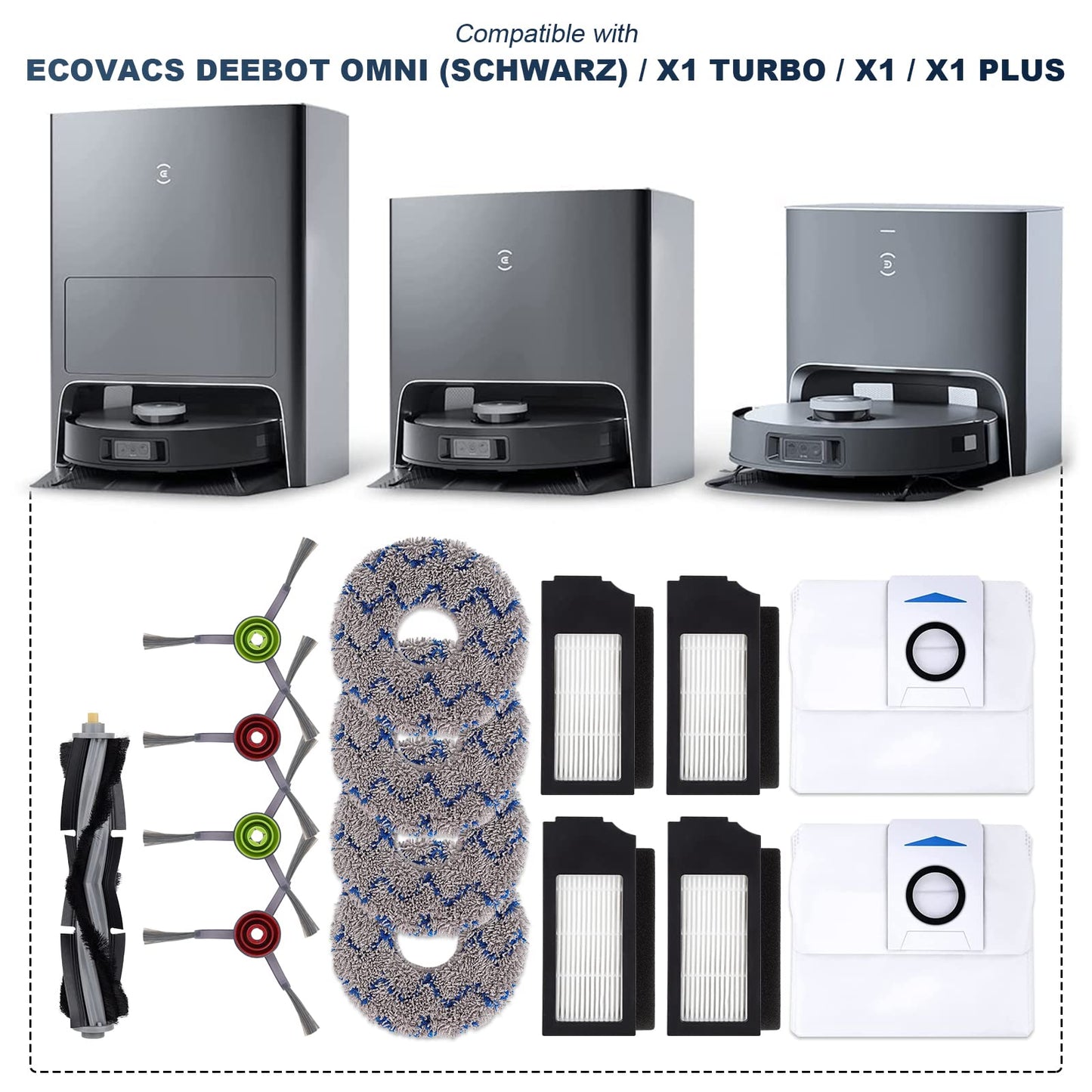 Replacement Parts for ECOVACS DEEBOT X1 OMNI Turbo T10 T20 Omni T20/T20 Max/T20 Pro Robot Vacuum Cleaner - Spare Accessories Kit Include 1 Main Brush 4 Side Brushes 4 Filter 4 Mop Pads 2 Dust bag