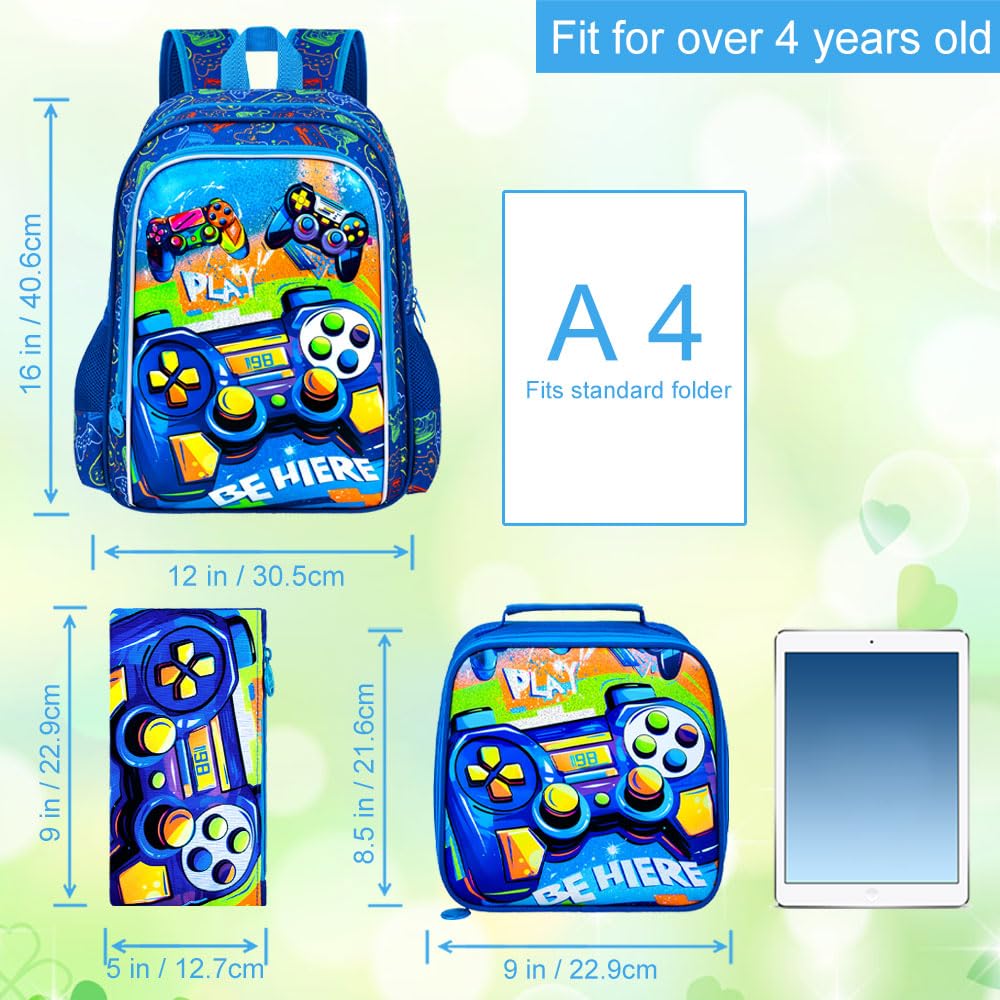 ZLYERT 16" Gamer Backpack for Boy, 3Pcs Gaming Kids Bookbag for Elementary Preschool Kindergarten, School Backpacks with Lunch Box(Blue)