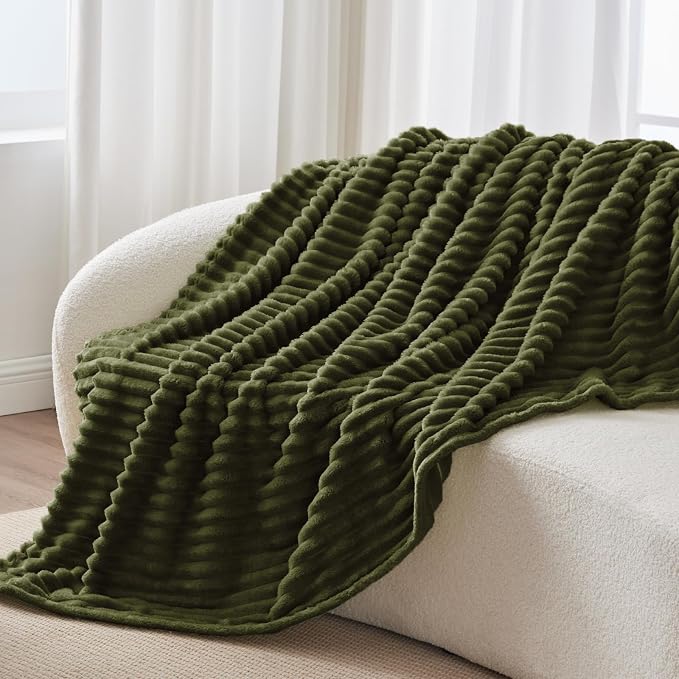 BEDELITE Fleece Throw Blanket for Couch - 300GSM Soft & Warm Fluffy Olive Green Blanket, Decorative and Giftable Striped Blankets for Women, Men, 50"x60"