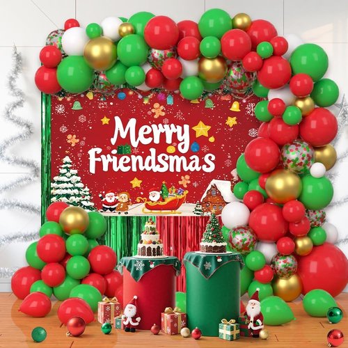 AIBIIN Christmas Balloon Arch Kit - 105pcs Friendsmas Party Decorations with Merry Friendsmas Banner & Foil Curtain
