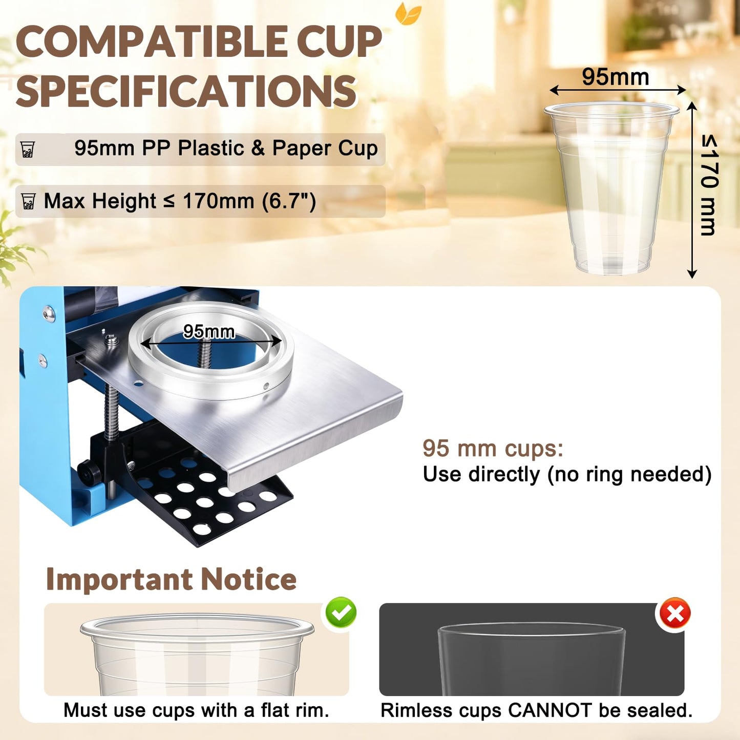 JIAWANSHUN Manual Cup Sealing Machine 300-500 Cups/Hour Electric Cup Sealer for 180mm Tall & 95mm Cup 110V