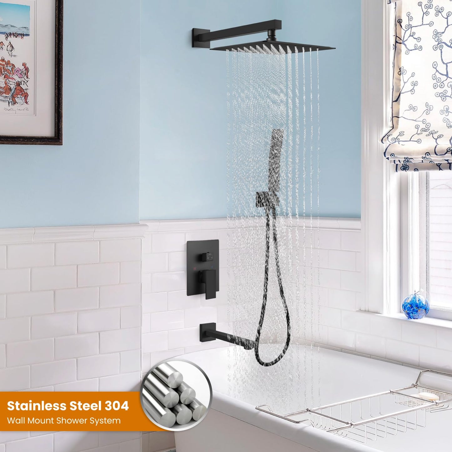 gotonovo Shower System with Tub Spout Wall Mounted Rain Shower Head and Handle Combo Shower Faucet Set with Valve, 10 Inch, Matte Black