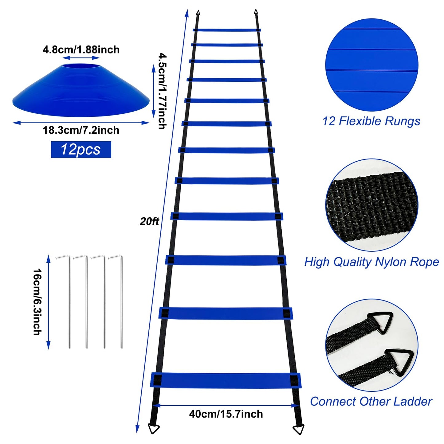 YEXEXINM Professional Agility Ladder Speed Training Equipment Set-20ft Agility Ladder,12 Soccer Cones, 4 Agility Hurdles, Running Parachute, Suitable for Soccer Football Basketball Training
