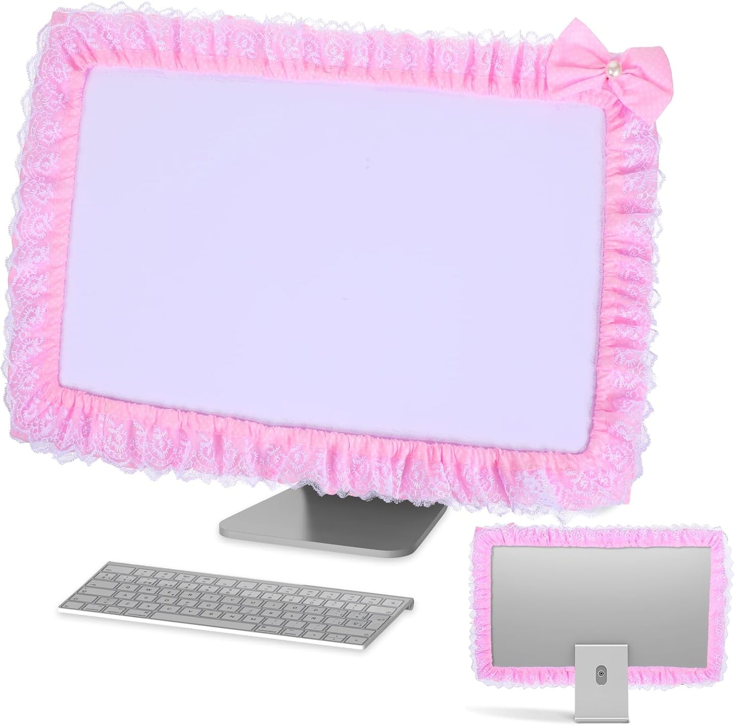 LLOUSSAK 23''-27'' Pink Monitor Cover, Cute Computer Monitor Covers with Bow-Knot, Lace Fabric, Monitor Dust Cover, TV