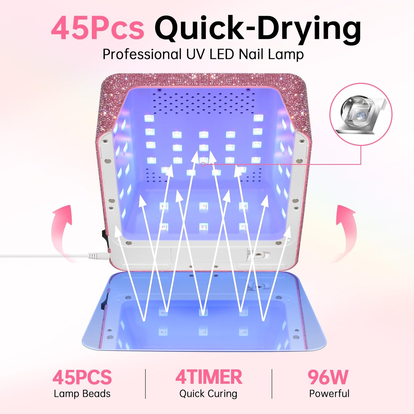 CHRISTINE SHELLY UV LED 96W Nail Lamp Gel Polish Light with 4 Timer Setting Plug-in Quick Dry Curing Lamp Pink & Nail Dust Collector Reusable Filters Powerful Vacuum Fan with Hand Pillow Pink