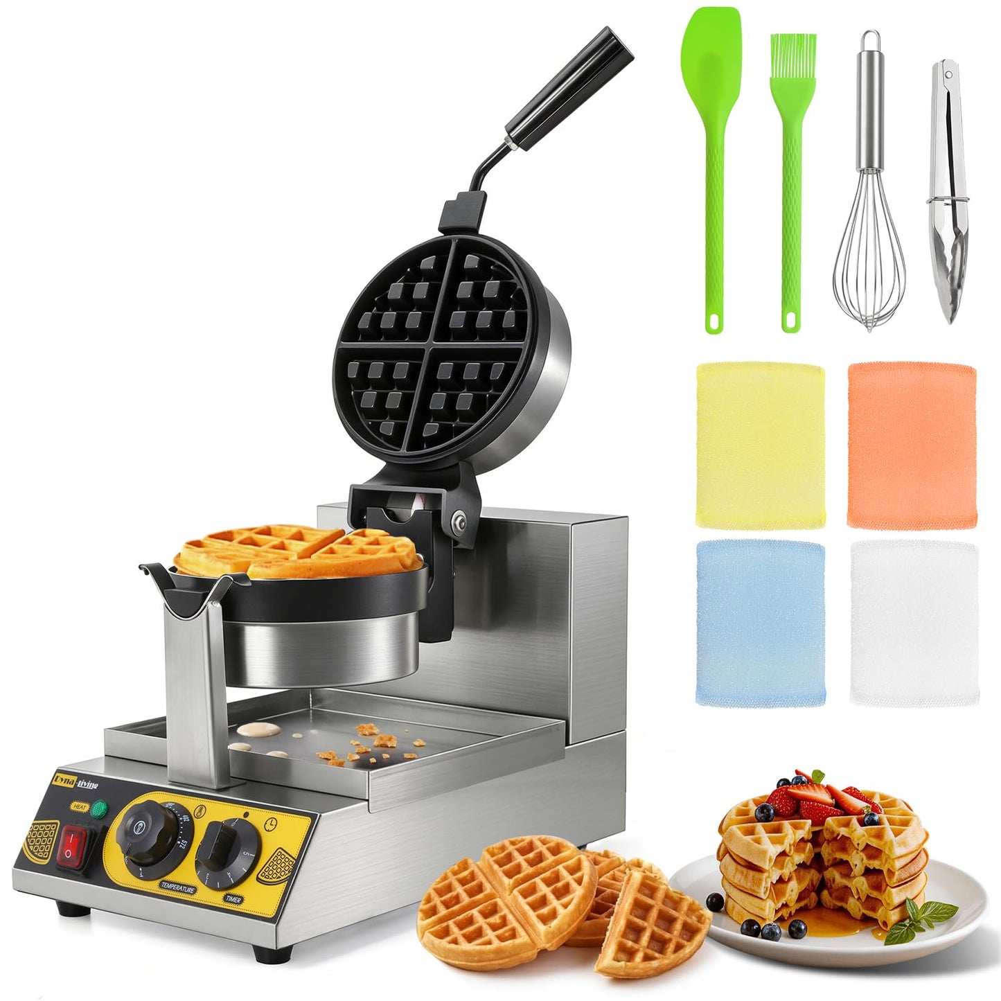 Dyna-Living Commercial Waffle Maker Belgian Waffle Iron for Restaurant, 1200W Flip Professional Waffle Maker Non-Stick Electric Restaurant Waffles Machine for Bakery Snack, 122℉-572℉ Temp Adjustable