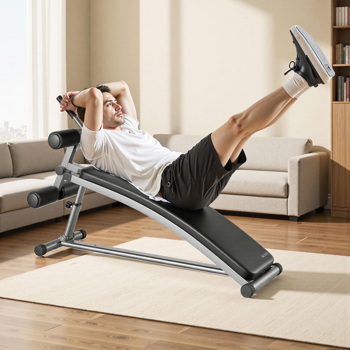 VEVOR Sit Up Bench, Curved Decline Ab Bench with Reverse Crunch Handle, with 6 Adjustable Height Setting, Heavy Duty Steel, 600 Lbs Capacity for Home Gym Workouts, Strength Training, Full Body Muscles