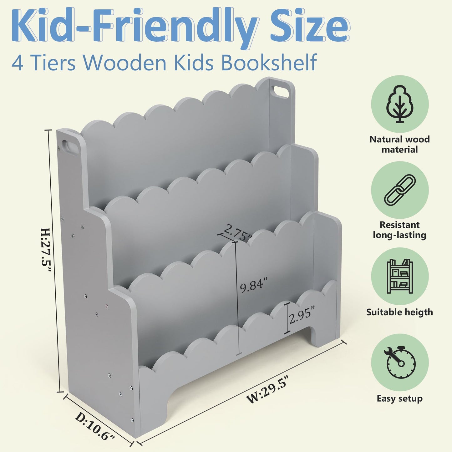 Tohiasen Kids Bookshelf Wooden 3-Tier, Scalloped Book Shelf for Kids Rooms, Front Facing Toddler Montessori Bookshelf, Baby Nursery Book Shelves Kid Classroom Book Shelf Bookcase