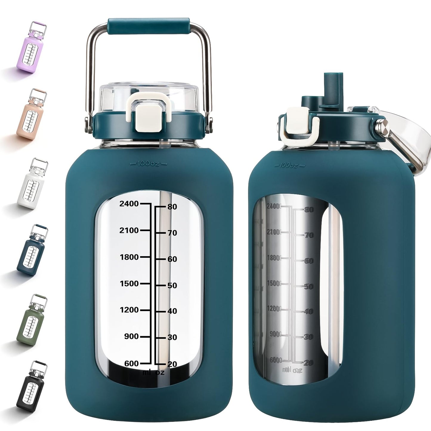 MUKOKO 100oz Glass Water Bottle with Time Marker and Silicone Sleeve 3L Large Water Jug with Stainless Steel Handle Gallon Drinking Bottle with 2-in-1 Lid Wide Mouth BPA Free, Dark Blue