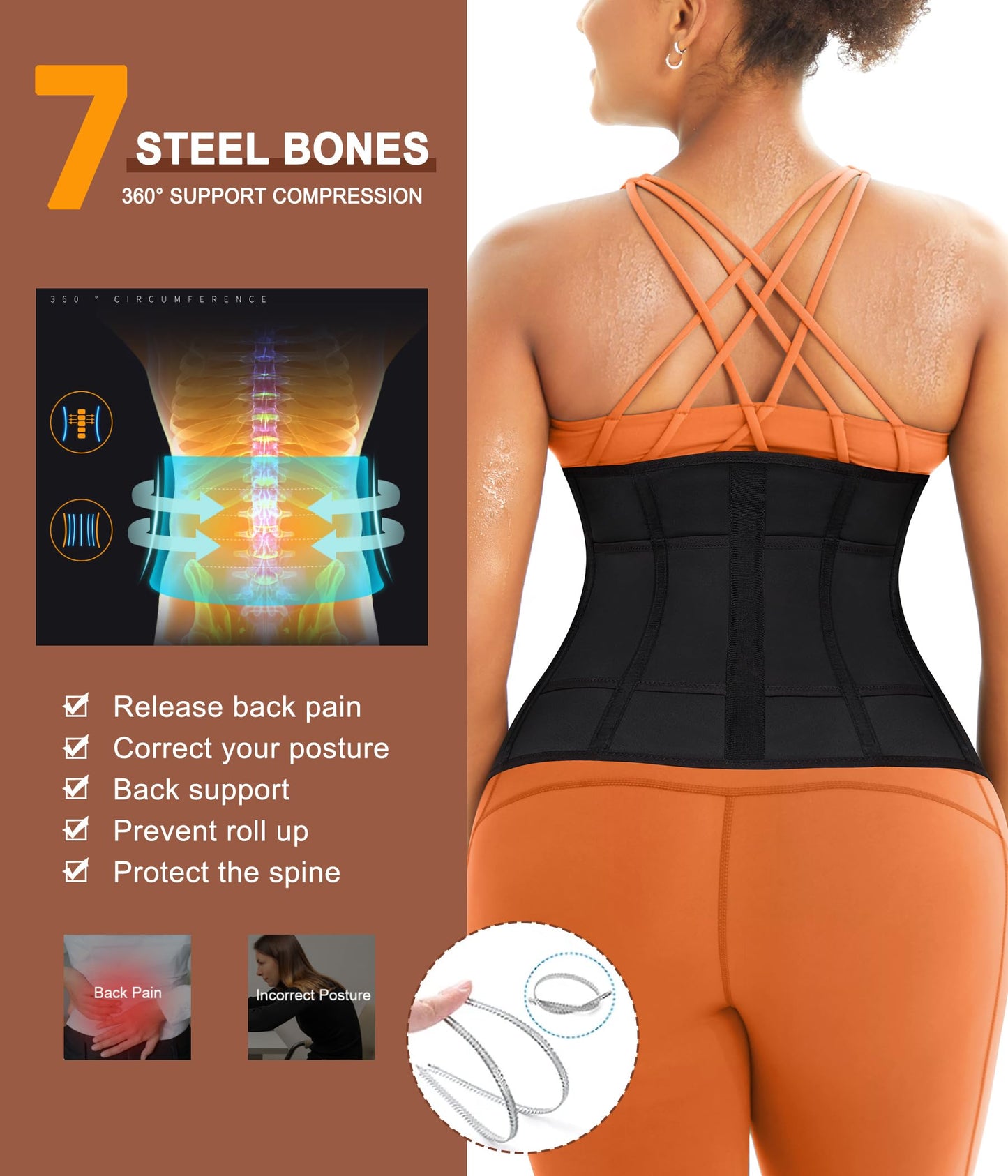 TrainingGirl Waist Trainer for Women Belly Working Out Trimmer Corset Sauna Sweat Belt Band Stomach Wrap Body Shaper Fajas (Black-Blue inner, X-Large)