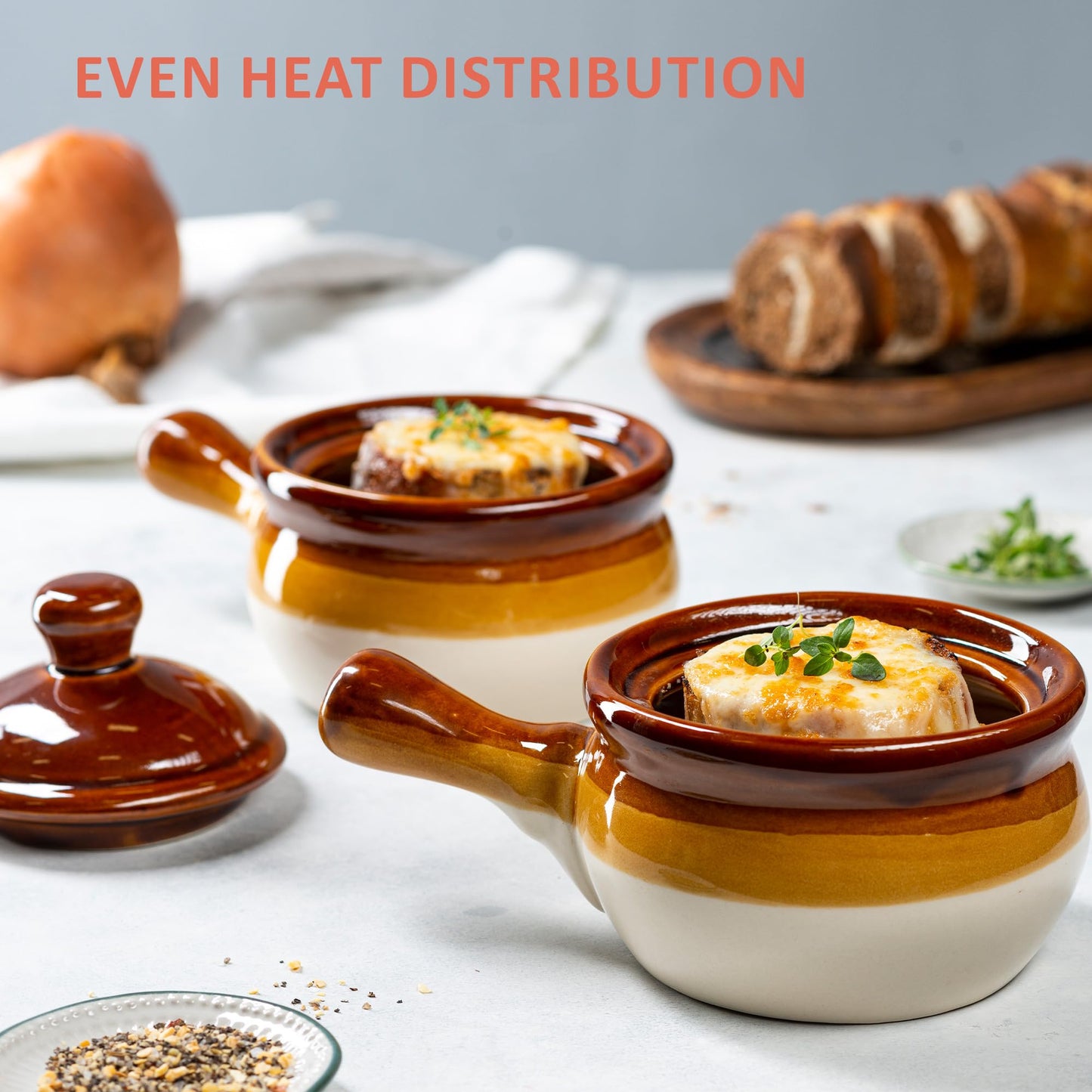 KooK French Onion Soup Crocks, Ceramic Bowls with Lids, Large Handles, Oven & Microwave Safe, Brown/White, Set of 4, 15 oz