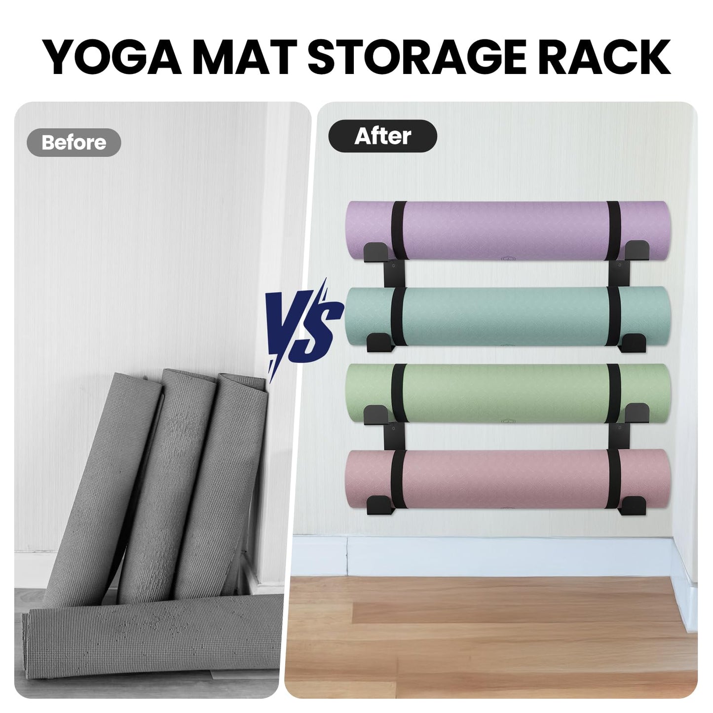4 Tier Yoga Mat Holder Wall Mount & Yoga Mat Storage Rack,Heavy-duty steel fabrication,Holds 30 lbs for Foam Rollers,Resistance Bands,Home Gym