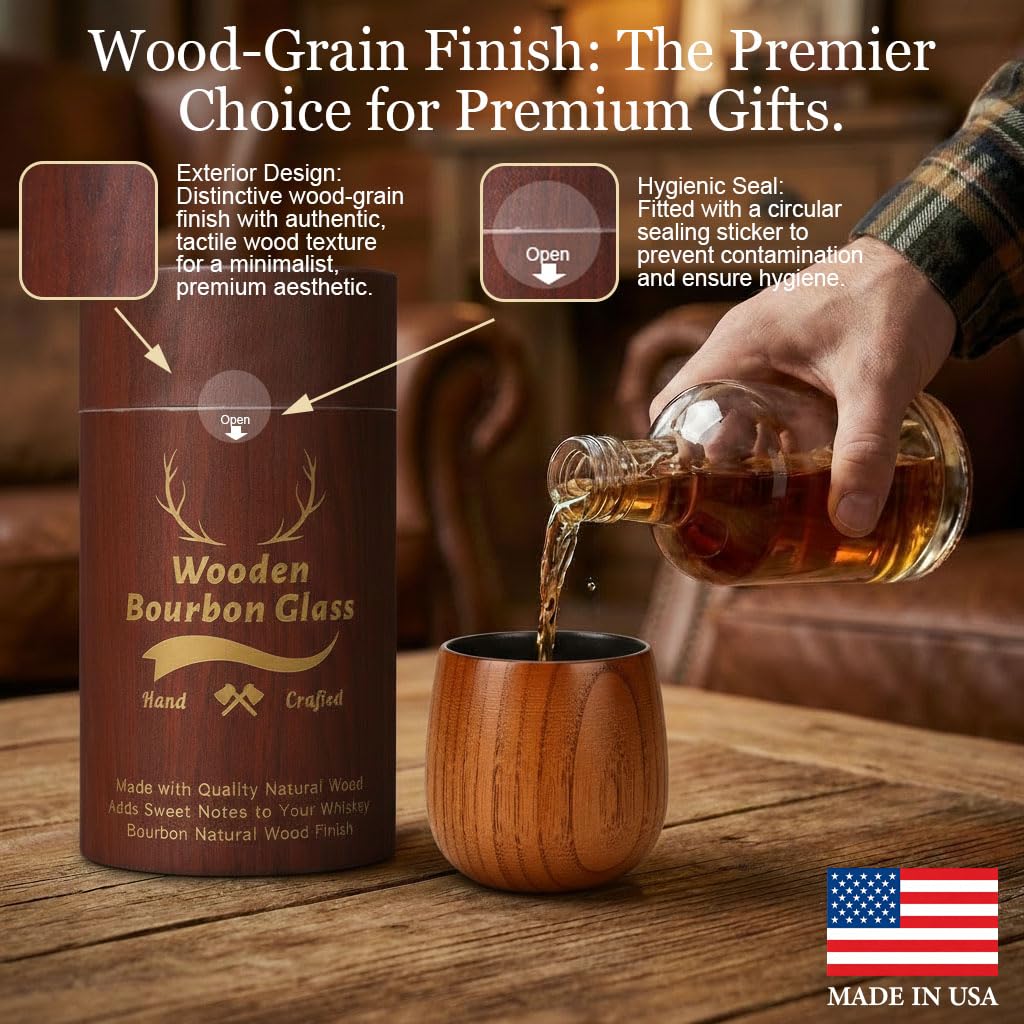 Original Charred Wooden Bourbon Drinking Glass, 11oz Handcrafted Whiskey Glasses for Men, Unique Unbreakable Old Fashioned Whiskey Glass for Dad, Husband or Bourbon Lovers