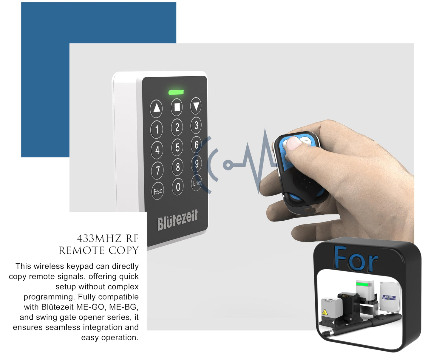 Blütezeit MS600 Solar Swing Gate Opener + Wireless Keypad Bundle – 880 lb Single-Arm Operator with Built-in 24 V Battery, 25W Solar Panel & IP54 Keypad