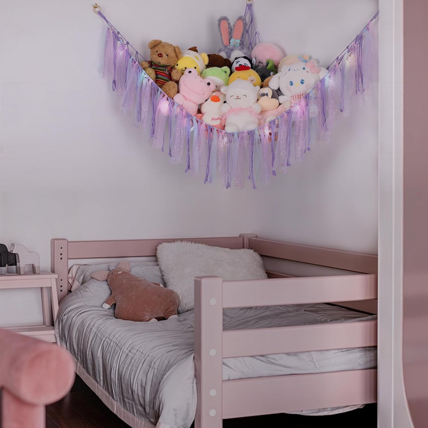 Skiennix Stuffed Animal Hammock with LED Lights - 59-Inch Plush Toy Storage Net for Kids' Rooms | Handwoven Purple Decor
