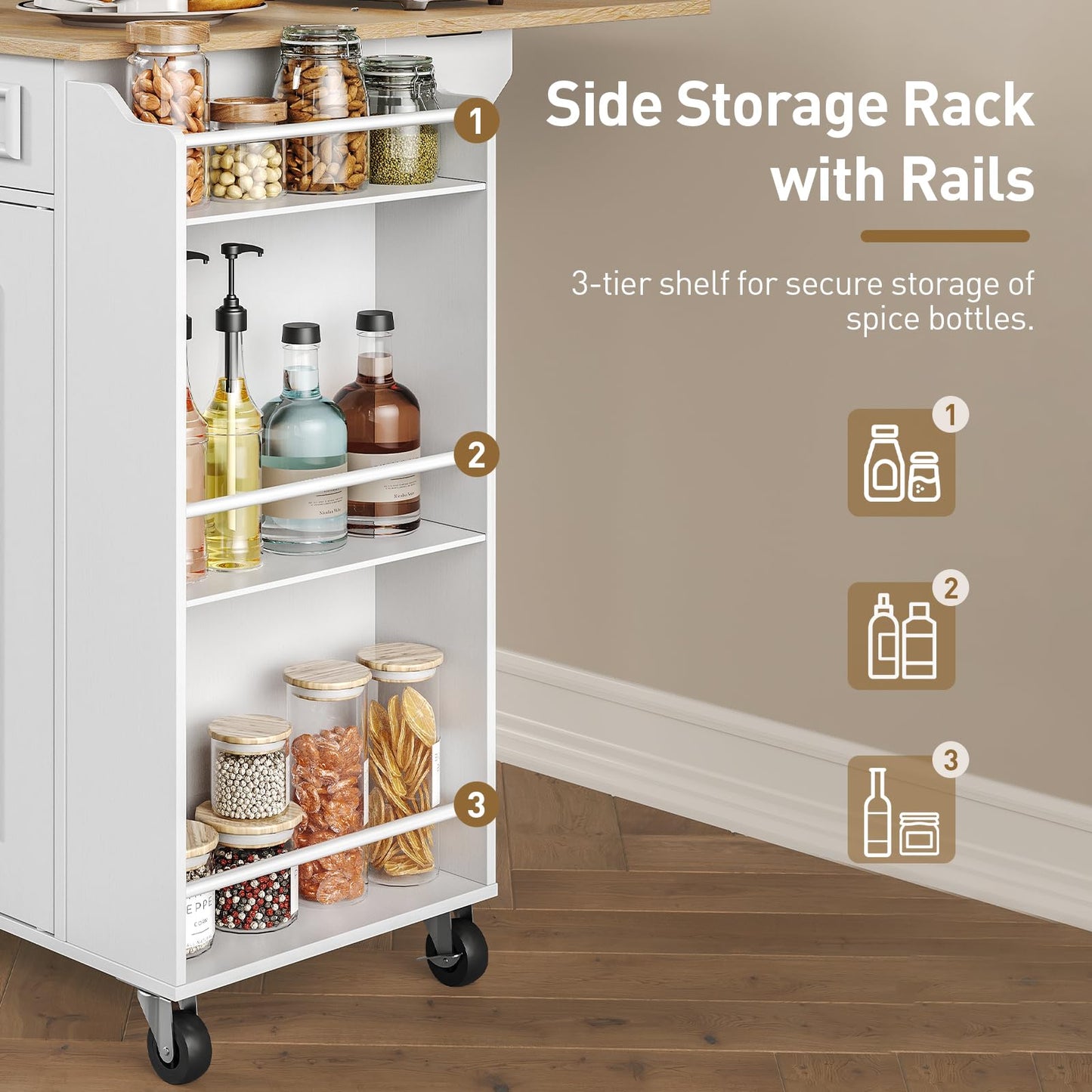 RALGEND Kitchen Island with Power Outlets & Drop Leaf, Rolling Kitchen Cart on Wheels, Kitchen Storage Island with Spice Rack and Drawer, Mobile Island Table for Kitchen, Dinning, White and Natural