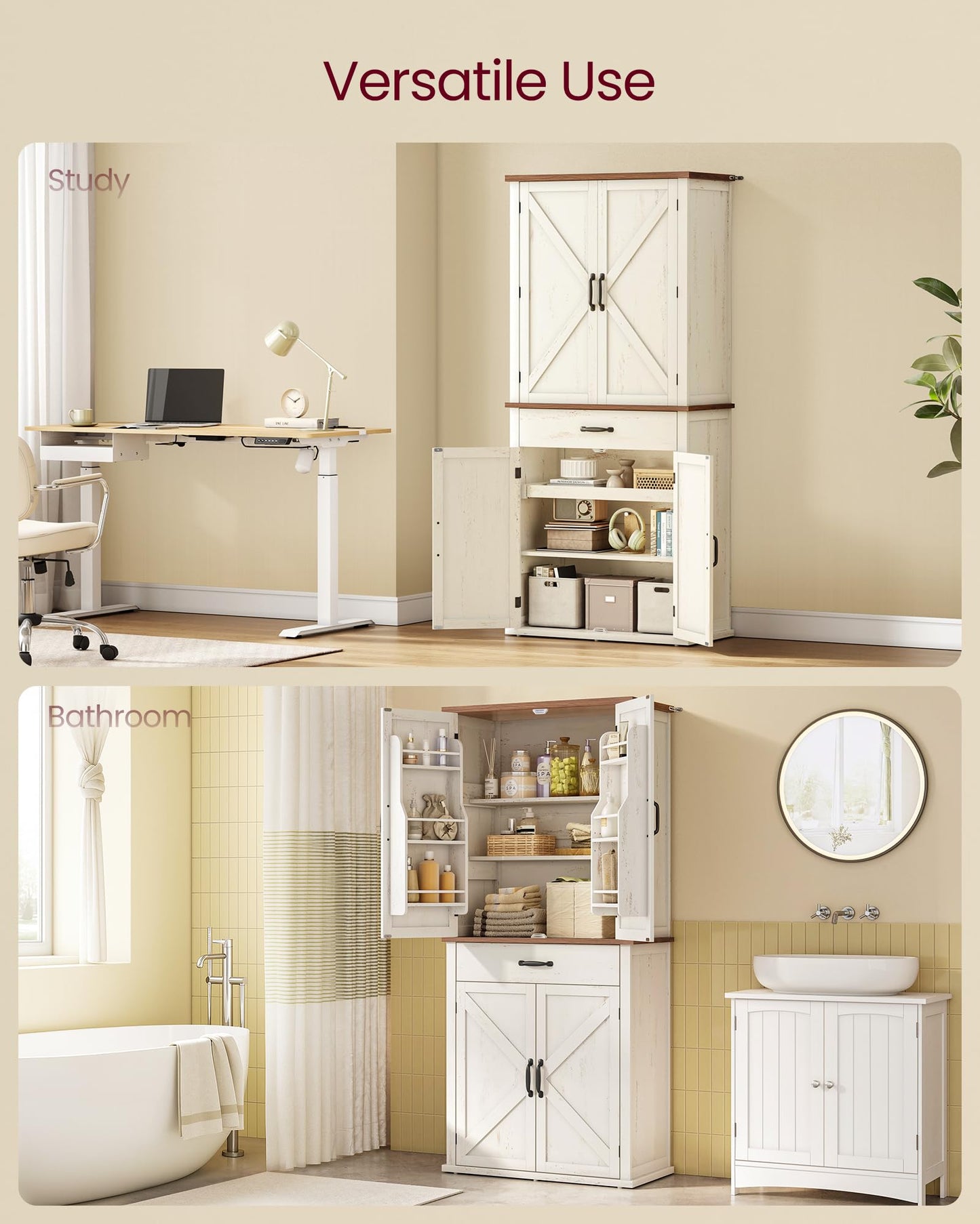 VASAGLE LIRY Collection - Pantry Cabinet, 70.3-Inch Tall Farmhouse Kitchen Storage Cabinet with Barn Doors, Drawer, Tray, Adjustable Shelves, for Kitchen, Dining Room, Rustic White UBBK364W01